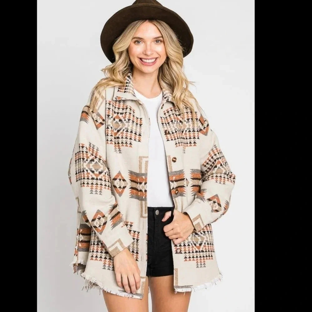 Boho Aztec Button Down Jacket New - Picture 2 of 8